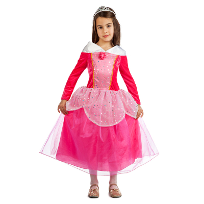 Meisje draagt een roze prinsessenkostuum met lang jurkje met glitter details en bloemetje. Perfect voor carnaval of kinderfeestjes.