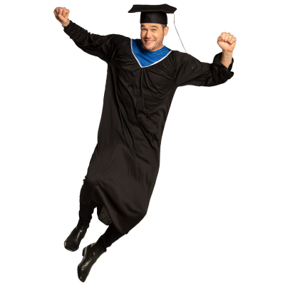 Man wearing black graduation gown with blue collar jumps in the air cheering and has a black doctoral hat with tassel on.