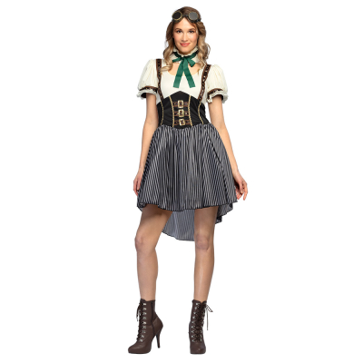 Woman in steampunk dress with ornate collar around her net and nostalgic aviator glasses on top of her head.