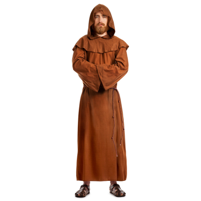 Mann trägt ein Mönchskostüm mit einer langen braunen Robe mit langen weiten Ärmeln, einer passenden Kapuze und einem Gürtel. Perfekt für Karneval, Cosplay oder eine Mottoparty.
