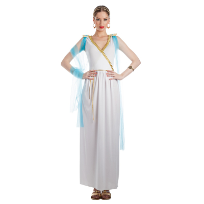 Woman wears a Greco-Roman goddess costume with a long white dress with gold details and blue tulle and a matching gold belt. Perfect for cosplay, carnival or a fancy dress party.