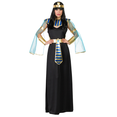Woman wears an Egyptian costume with a long black dress, blue/gold striped collar with blue tulle on the arms and matching golden accessories such as a headband, belt, arm accessories and bracelets. Perfect for cosplay, carnival or a fancy dress party.