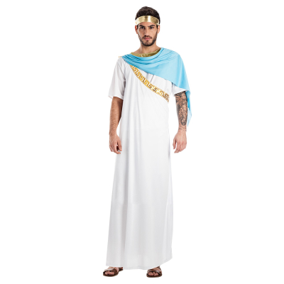 A man wears a roman/Greek costume with a long white robe, a blue shawl and matching gold headband.