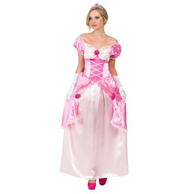 Femme portant un costume de princesse avec une longue et large robe rose avec un décolleté en V et des détails floraux, y compris des gants blancs mi-longs. Parfait pour les fêtes d'enfants, les carnavals ou les fêtes à thème.