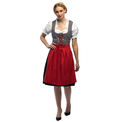 Vrouw draagt een halflang traditioneel dirndl jurkje met zwarte rok en top met zwat,wit stippen design met rode details, inclusief wit shirtje en rood bijpassend schort. Perfect voor Bavaria feesten en bierfeest themafeesten.