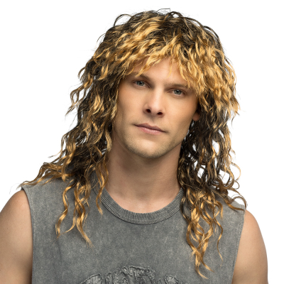 Man with dark blonde rock wig and long, curly hair as an accessory to complete his tough rocker costume for carnival or fancy dress party.