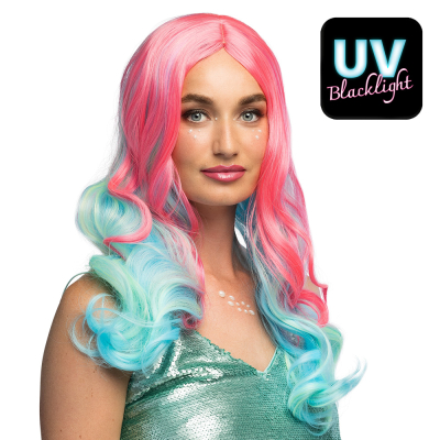 Woman with colourful mermaid wig with long wavy hair in blue and pink, as an accessory to complete a magical fantasy costume for carnival, cosplay or fancy dress party.
