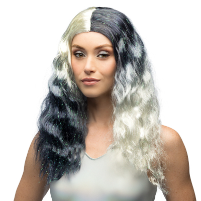 Woman wears a two-tone wig with long wavy hair in white and black and glittery threads for extra glamour. Perfect as an accessory for a cosplay, carnival or fancy dress party costume.