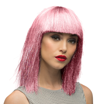 Woman wears a striking pink glitter wig with a mid-length bob and fringe. Perfect as an accessory for a party, carnival, fancy dress party or cosplay.