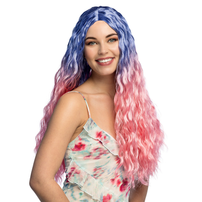 Woman with long wavy wig in blue-pink ombre - striking and colourful hairstyle for carnival, cosplay, festivals and theme parties.