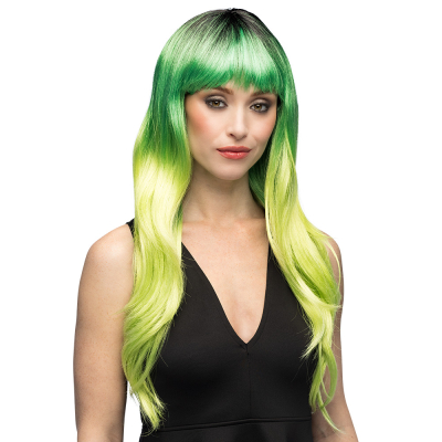 Woman with long straight wig in green-yellow ombre with fringes - striking and playful hairstyle for carnival, cosplay, fancy dress parties and festivals.