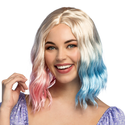Woman with half-length wig in blonde with pink-blue tips - colourful and playful hairstyle for carnival, cosplay, festivals and theme parties.