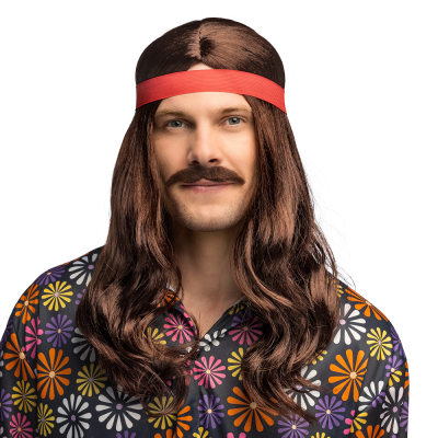 A man wears a long, brown hippie wig with matching brown moustache and red headband.
