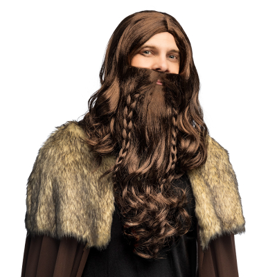 A man wears a long, brown viking wig with matching long beard.