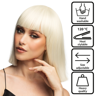 Woman with short blonde bob wig with straight fringes - premium heavy quality wig, hand washable, adjustable in size and heat resistant to 120�C for styles.