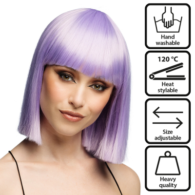 Woman with short lavender purple bob wig with straight fringes - heavy quality wig, hand washable, size adjustable and heat resistant up to 120�C to style.