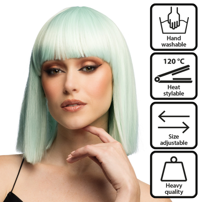 Woman with short mint green bob wig with straight fringes - heavy quality wig, hand washable, size adjustable and heat resistant to 120�C to style.