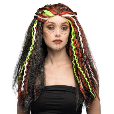 A woman wears a mysterious voodoo wig with coloured dreadlocks and braids.