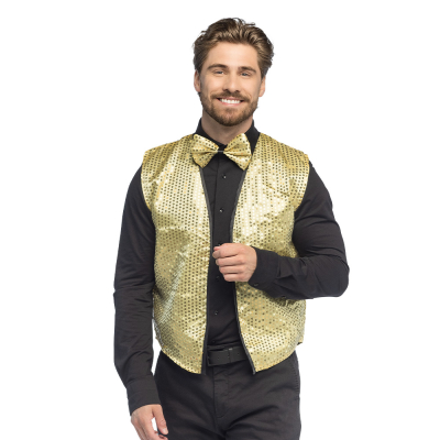 L�chelnder Mann mit einer goldgl�nzenden Paillettenweste in Gr��e M/L und passender Fliege, ideal f�r Partys, Galas oder Karneval.