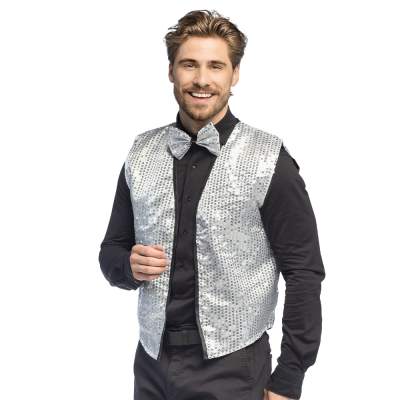 L�chelnder Mann mit silbern gl�nzender Paillettenweste in Gr��e M/L und passender Fliege, ideal f�r Partys, Galas oder Karneval.