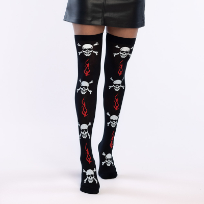 Black stockings with eye-catching white skulls and red flames. Perfect to amp up your rock or Halloween outfit!
