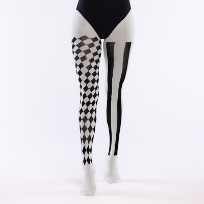These black and white tights with a check and stripe pattern will give your outfit a playful, circus-like look.