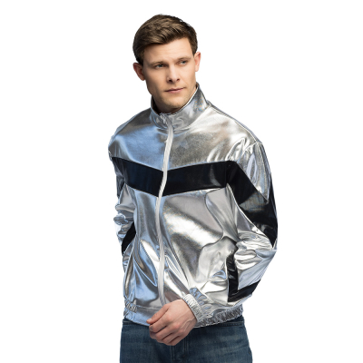 Man wears a shiny silver-coloured jacket with black stripes across the chest and sleeves in size M/L. Ideal for a wrong party, festival or carnival.