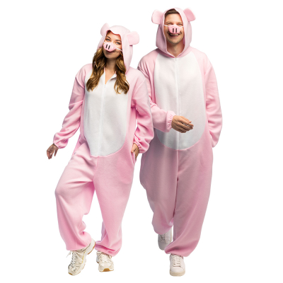 A man and woman wear a funny pig costume consisting of a soft onesie with handy pockets, a hood with ears and a matching pig nose.