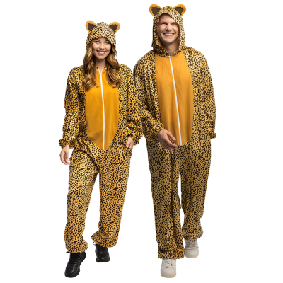 A man and woman wear a cute leopard costume with cute, soft onesie with handy pockets and a hood with ears.