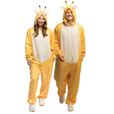 A man and woman wear a soft giraffe costume consisting of a comfortable onesie with handy pockets and a hood with ears and horns.