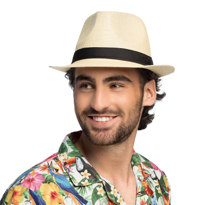 Man wears a light straw hat with black band. Perfect for Hawaii themed party, summer beach party or festival.
