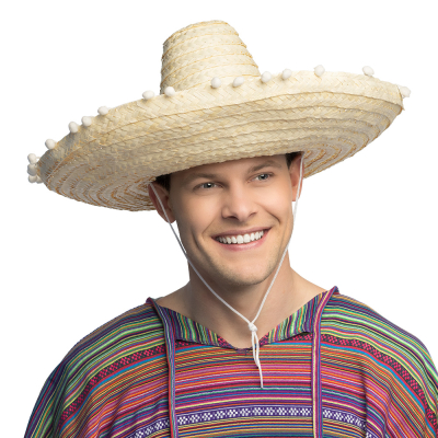 Man draagt een sombrero van 50 cm doorsnede met witte pompons langs de rand. ideaal voor themafeesten, carnaval en Cinco de Mayo